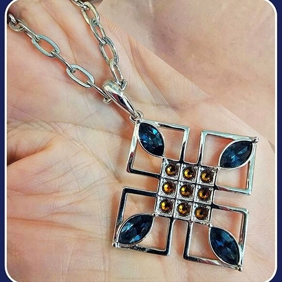 #Touchstone Crystal Gallery Pendant Necklace Blue & Amber Crystals Rhodium #NWOT - Picture 3 of 5